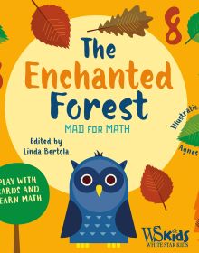 Orange activity box of The Enchanted Forest, Mad for Math, with a Blue owl surrounded by autumn trees and fallen leaves. Published by White Star.