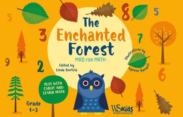 Orange activity box of The Enchanted Forest, Mad for Math, with a Blue owl surrounded by autumn trees and fallen leaves. Published by White Star.