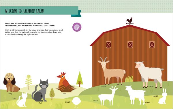 Book cover of My First Book of the Farm, Montessori Activity Book, with a chicken sitting on nest with egg, goat and sheep above. Published by White Star.