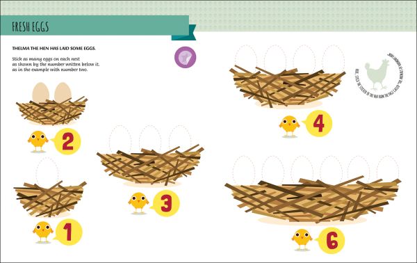 Book cover of My First Book of the Farm, Montessori Activity Book, with a chicken sitting on nest with egg, goat and sheep above. Published by White Star.