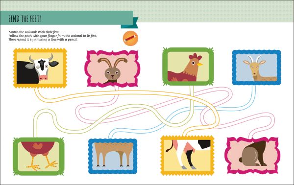 Book cover of My First Book of the Farm, Montessori Activity Book, with a chicken sitting on nest with egg, goat and sheep above. Published by White Star.