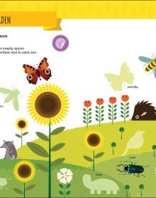 Book cover of My First Book of the Garden, Montessori Activity Book, with a grey and black butterfly, two blue hydrangeas, and a bee. Published by White Star.