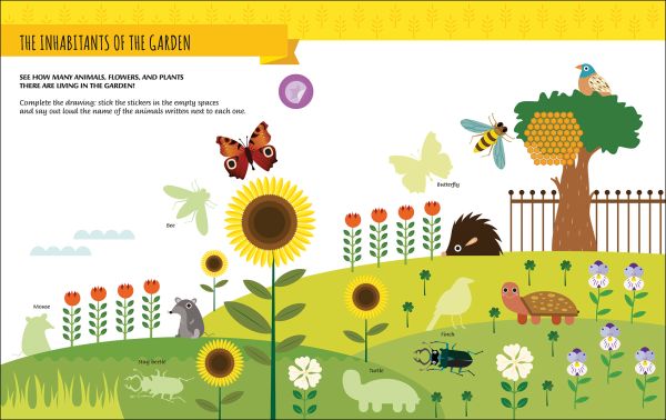 Book cover of My First Book of the Garden, Montessori Activity Book, with a grey and black butterfly, two blue hydrangeas, and a bee. Published by White Star.