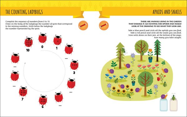 Book cover of My First Book of the Garden, Montessori Activity Book, with a grey and black butterfly, two blue hydrangeas, and a bee. Published by White Star.