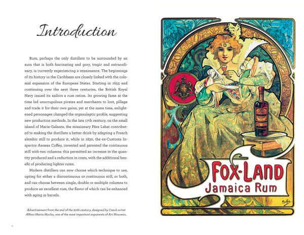 Book cover of The Spirit of Rum, History, Anecdotes, Trends and Cocktails, with a crystal glass of rum on large wooden die. Published by White Star.