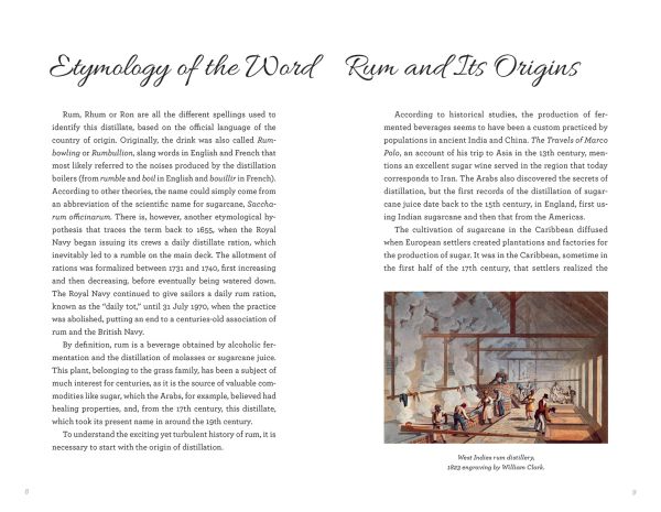 Book cover of The Spirit of Rum, History, Anecdotes, Trends and Cocktails, with a crystal glass of rum on large wooden die. Published by White Star.