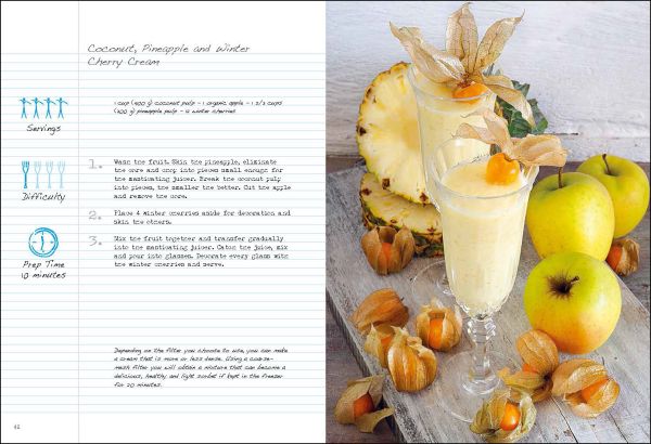 Book cover of Cold-Pressed Beverages, Health and Well-Being in a Glass, with dark red smoothies in white mugs with cocktail sticks of blueberries. Published by White Star.