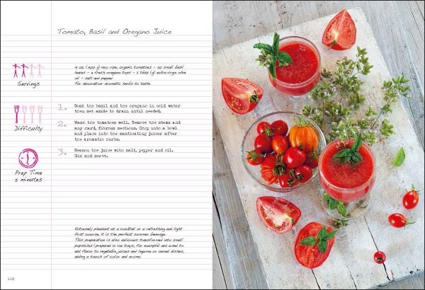 Book cover of Cold-Pressed Beverages, Health and Well-Being in a Glass, with dark red smoothies in white mugs with cocktail sticks of blueberries. Published by White Star.