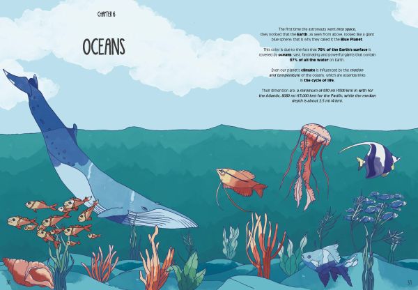 Book cover of Planet Earth, with wild animals: parrot, kangaroo, turtle and fish. Published by White Star.