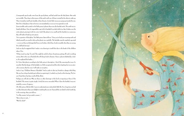 Book cover of The Little Prince, with a little boy sitting under a starry night sky, with a fox on his shoulder. Published by White Star.