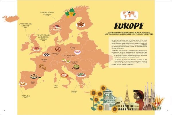 Book cover of Atlas of Food, Discovering the Flavors and Traditions of Cooking Around the World', with map of world with plates of traditional dishes. Published by White Star.