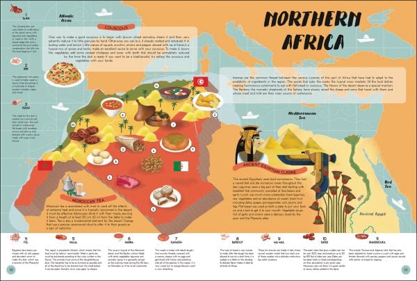 Book cover of Atlas of Food, Discovering the Flavors and Traditions of Cooking Around the World', with map of world with plates of traditional dishes. Published by White Star.
