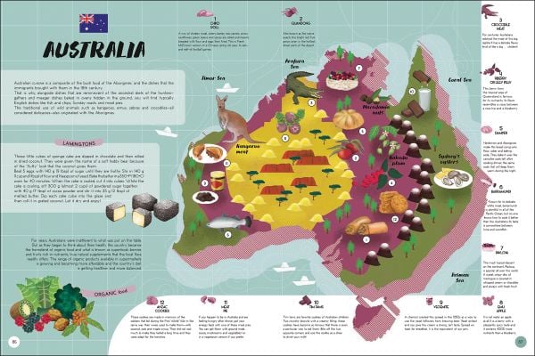 Book cover of Atlas of Food, Discovering the Flavors and Traditions of Cooking Around the World', with map of world with plates of traditional dishes. Published by White Star.
