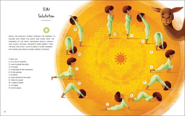 Book cover of Good Morning Yoga, Relaxing Poses for Children, with a young child performing crow pose, with cockerel perched on back. Published by White Star.