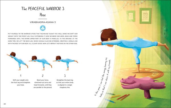 Book cover of Good Morning Yoga, Relaxing Poses for Children, with a young child performing crow pose, with cockerel perched on back. Published by White Star.