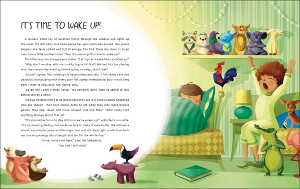 Book cover of Good Morning Yoga, Relaxing Poses for Children, with a young child performing crow pose, with cockerel perched on back. Published by White Star.