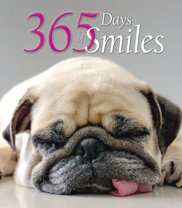Book cover of 365 Days of Smiles, with a beige pug asleep on floor with tongue hanging out. Published by White Star.