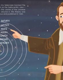 Book cover of Galileo Galilei from the Genius series, with the Father of Modern Science looking through telescope, and world globe below. Published by White Star.