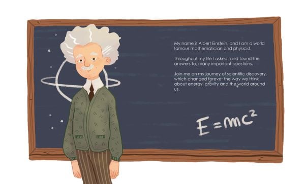 Book cover of Albert Einstein from the Genius series, with the physicist with white hair and thick moustache sitting at desk, with blackboard full of equations on behind. Published by White Star.
