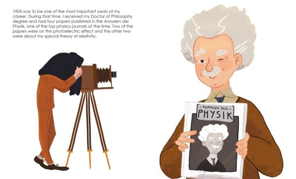 Book cover of Albert Einstein from the Genius series, with the physicist with white hair and thick moustache sitting at desk, with blackboard full of equations on behind. Published by White Star.