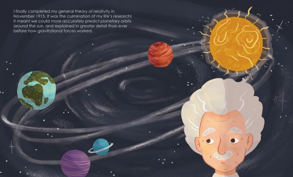 Book cover of Albert Einstein from the Genius series, with the physicist with white hair and thick moustache sitting at desk, with blackboard full of equations on behind. Published by White Star.