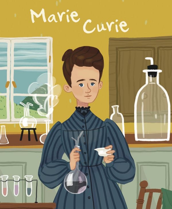 Book cover of Marie Curie from the Genius series with woman wearing long blue dress, holding glass flask in laboratory. Published by White Star.