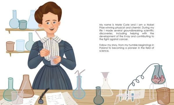 Book cover of Marie Curie from the Genius series with woman wearing long blue dress, holding glass flask in laboratory. Published by White Star.