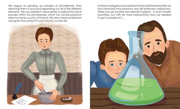 Book cover of Marie Curie from the Genius series with woman wearing long blue dress, holding glass flask in laboratory. Published by White Star.