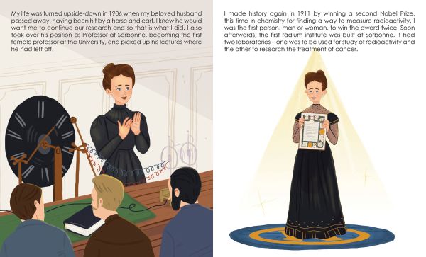 Book cover of Marie Curie from the Genius series with woman wearing long blue dress, holding glass flask in laboratory. Published by White Star.