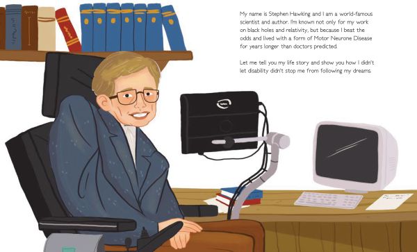 Book cover of Stephen Hawking, Genius, featuring male sitting in motorised wheelchair, with shelves of books behind. Published by White Star.