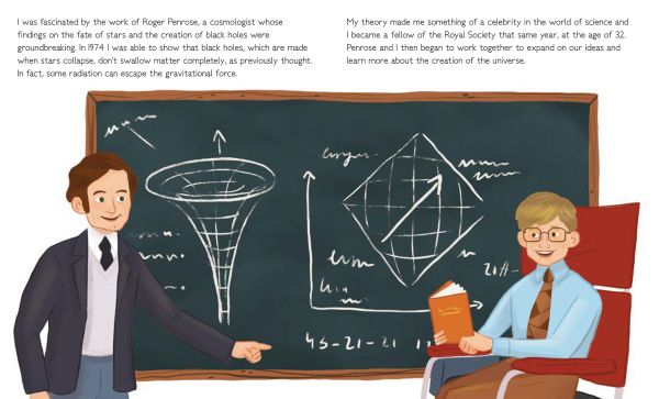 Book cover of Stephen Hawking, Genius, featuring male sitting in motorised wheelchair, with shelves of books behind. Published by White Star.