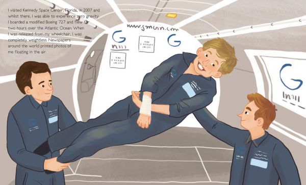 Book cover of Stephen Hawking, Genius, featuring male sitting in motorised wheelchair, with shelves of books behind. Published by White Star.