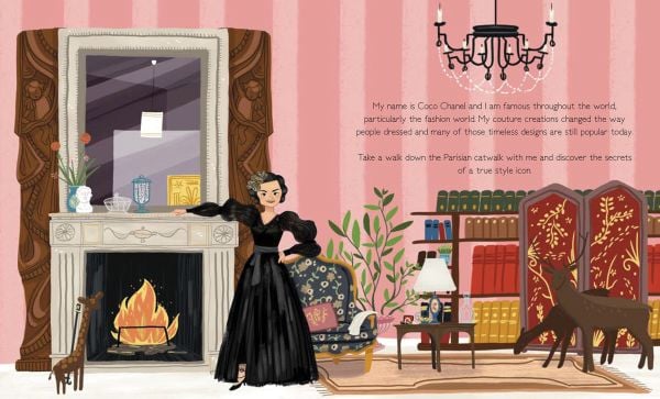 Book cover of Coco Chanel, Genius, with the French fashion designer wearing pearl necklaces, sitting on pink sofa. Published by White Star.