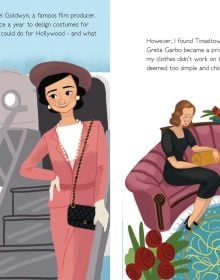 Book cover of Coco Chanel, Genius, with the French fashion designer wearing pearl necklaces, sitting on pink sofa. Published by White Star.