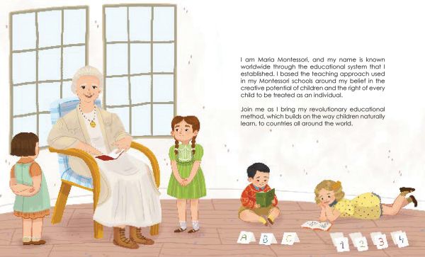 Book cover of Maria Montessori from the Genius series, with woman teaching child at table. Published by White Star.