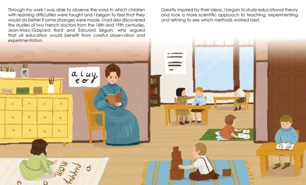 Book cover of Maria Montessori from the Genius series, with woman teaching child at table. Published by White Star.