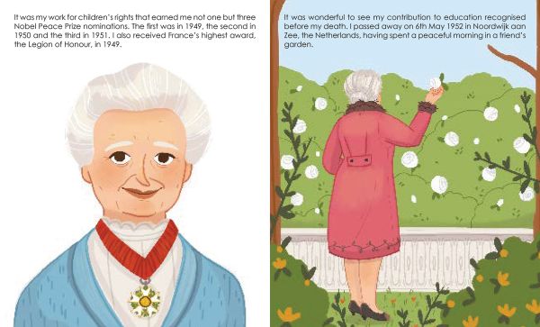 Book cover of Maria Montessori from the Genius series, with woman teaching child at table. Published by White Star.