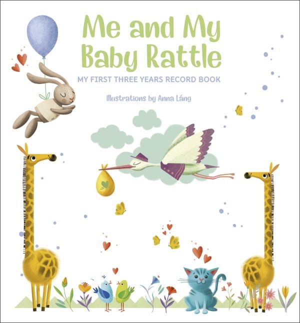 Book cover of Me and My Baby Rattle, My First Three Years Record Book', with a stork carrying baby bundle in white cloth, and two yellow giraffes either side. Published by White Star.