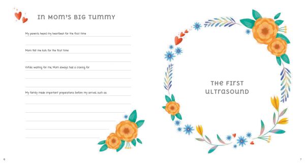 Book cover of Me and My Baby Rattle, My First Three Years Record Book', with a stork carrying baby bundle in white cloth, and two yellow giraffes either side. Published by White Star.