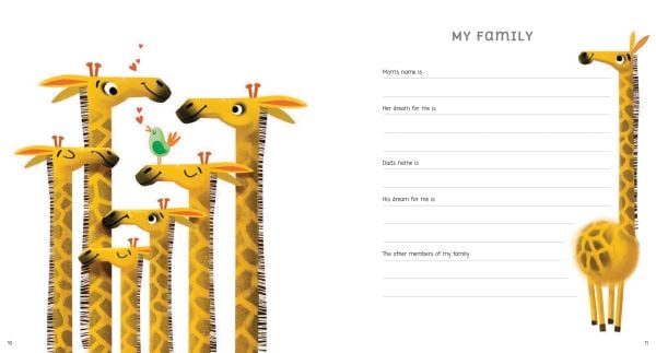 Book cover of Me and My Baby Rattle, My First Three Years Record Book', with a stork carrying baby bundle in white cloth, and two yellow giraffes either side. Published by White Star.