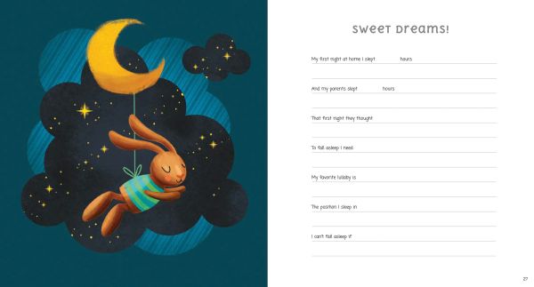 Book cover of Me and My Baby Rattle, My First Three Years Record Book', with a stork carrying baby bundle in white cloth, and two yellow giraffes either side. Published by White Star.