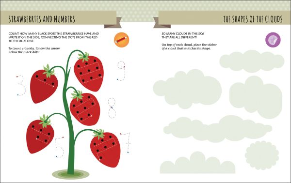 Book cover of My First Book of the Seasons from the Montessori Activity Book series, with wellington boots, green frog, watermelon slice, and clouds. Published by White Star.