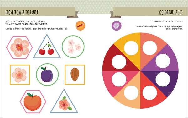 Book cover of My First Book of the Seasons from the Montessori Activity Book series, with wellington boots, green frog, watermelon slice, and clouds. Published by White Star.