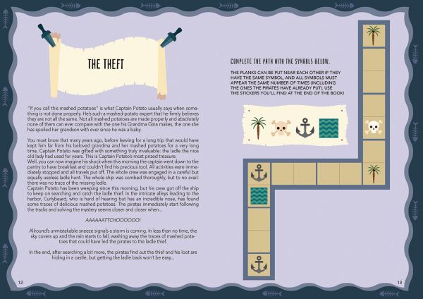 Book cover of Navigate The High Seas! Maths Adventures Using Fractions, Percentages and Decimal Numbers, with a skeleton pirate with skull and crossbones hat, a pirate ship, mermaid and shark. Published by White Star.