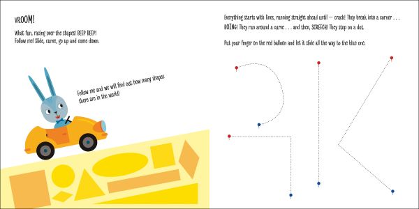 Grey square-faced cat, round-faced pink pig, triangle-faced orange fox, on board book cover of 'My First Book of Shapes, Montessori: A World of Achievements', by White Star.