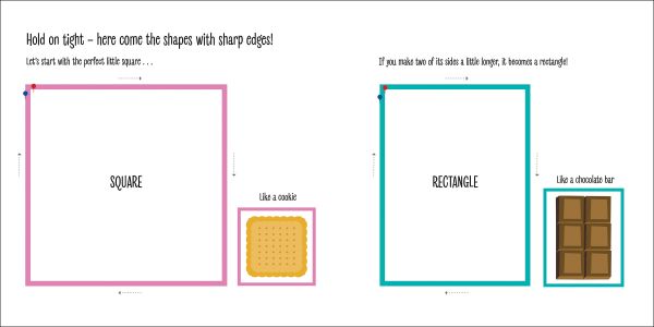 Grey square-faced cat, round-faced pink pig, triangle-faced orange fox, on board book cover of 'My First Book of Shapes, Montessori: A World of Achievements', by White Star.