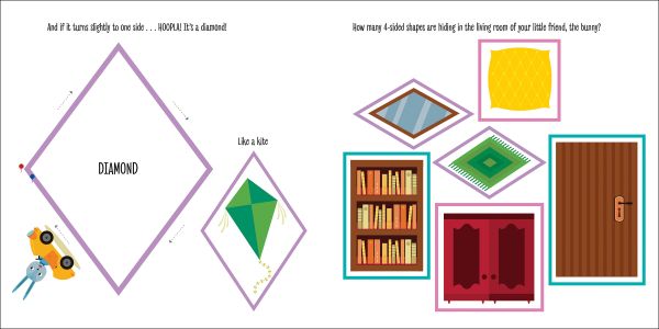 Grey square-faced cat, round-faced pink pig, triangle-faced orange fox, on board book cover of 'My First Book of Shapes, Montessori: A World of Achievements', by White Star.