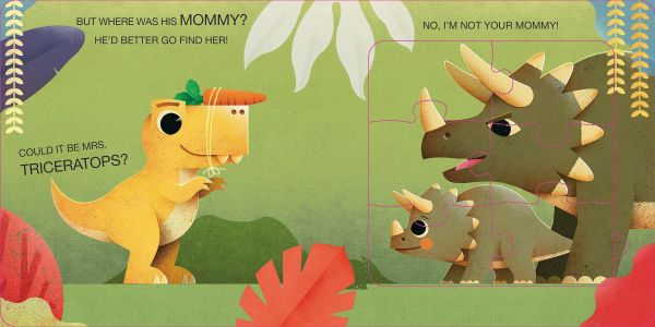 Book cover of My First Jigsaw Book: Where's Your Mommy, T-Rex?, with a large white egg with yellow animal inside, eye poking out of hole. Published by White Star.