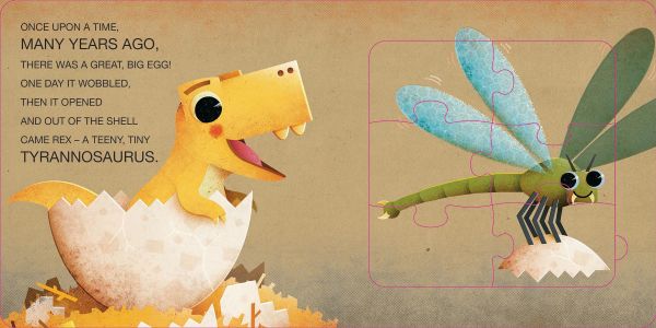 Book cover of My First Jigsaw Book: Where's Your Mommy, T-Rex?, with a large white egg with yellow animal inside, eye poking out of hole. Published by White Star.