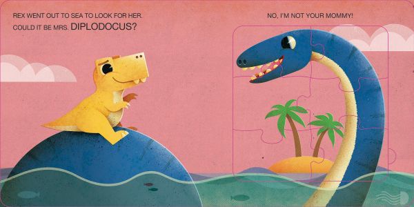 Book cover of My First Jigsaw Book: Where's Your Mommy, T-Rex?, with a large white egg with yellow animal inside, eye poking out of hole. Published by White Star.